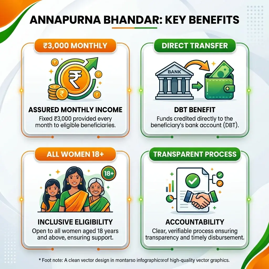 Annapurna Bhandar Benefits Infographic: ₹3,000 monthly DBT, nutrition security, and women empowerment in West Bengal