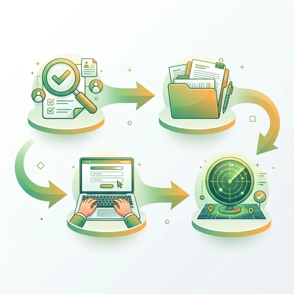 Step 1 Check Eligibility, Step 2 Prepare Documents, Step 3 Apply Online, Step 4 Track Status